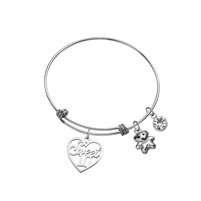 

Girls 10th, 12th Birthday Jewelry Gift Cute Bear Bangle with Heart and Birthstone Bracelet & Bangles Stainless Steel