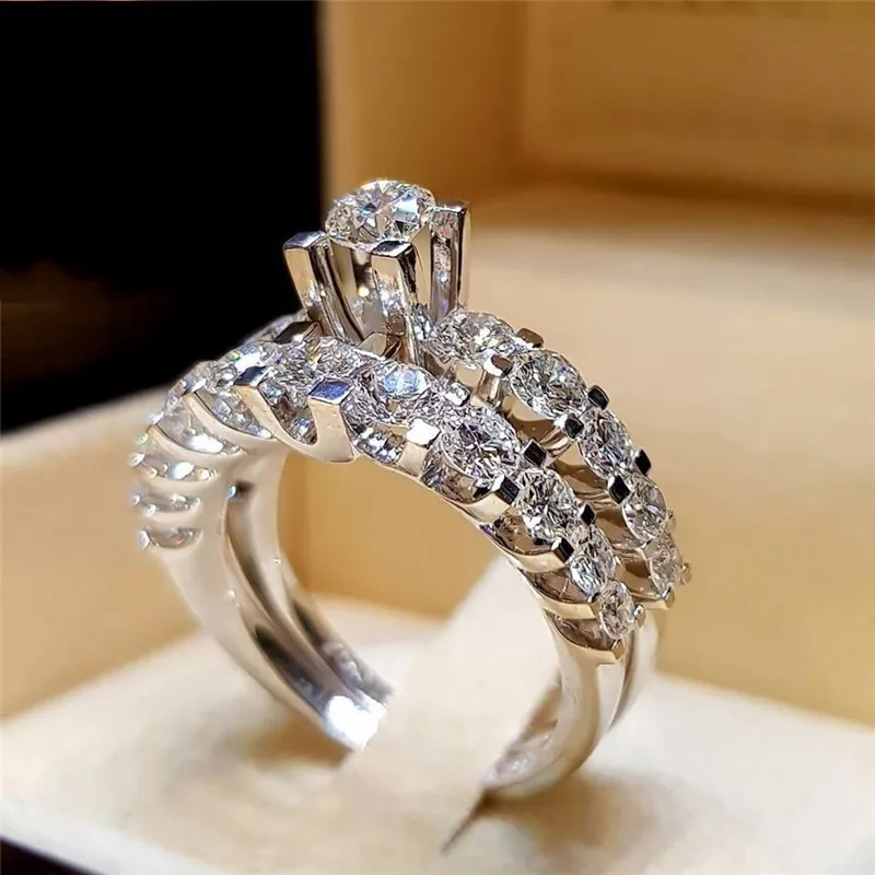 Unique AAAAA Cz Stone Ring sets Silver color Engagement wedding band rings for women men Finger Jewelry Best Gift | Украшения и