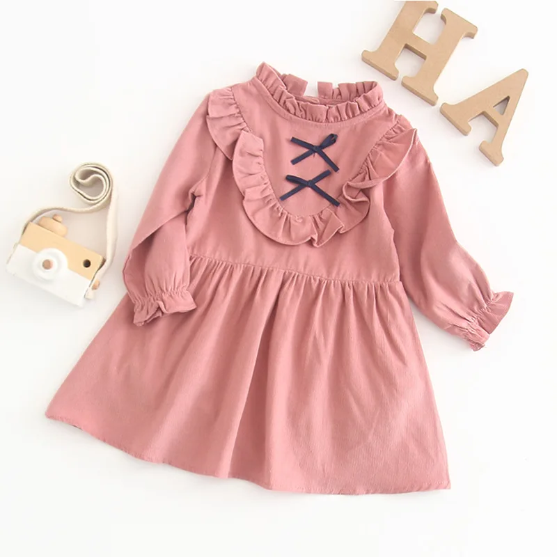 Cute Toddler Baby Girls Pink Corduroy Ruffles Dress Neckline Infant Fashion Spring Autumn Clothes | Детская одежда и обувь