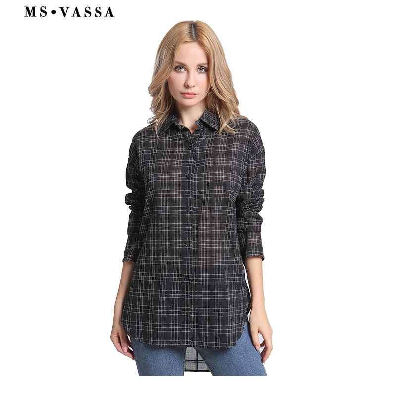 MS VASSA Summer Shirts Black Plaid Women 2019 new casual Blouses long sleeve ladies loose shirts female Oversize 5XL 6XL |