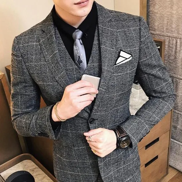 Only blazer gray Мужской Клетчатый костюм высокого качества, мужские облегающие клетчатые костюмы, мужские Vintge Terno Masculino Traje Hombre официальные смокинги для выпускного - Цвет: Only blazer gray