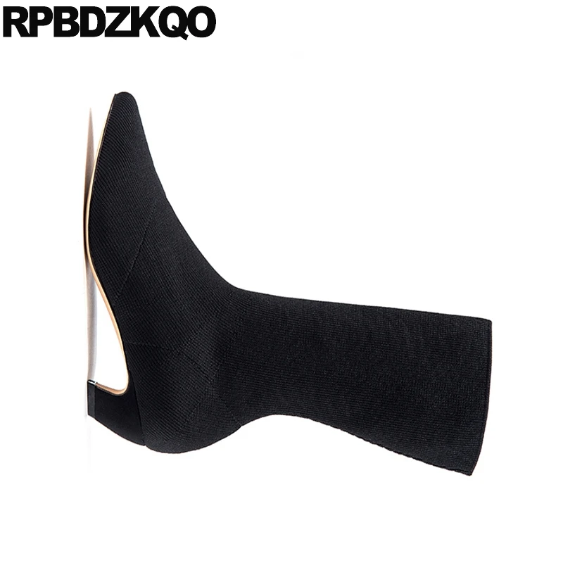 Женские ботильоны с острым носком черные вязаные эластичные ботинки на шпильке