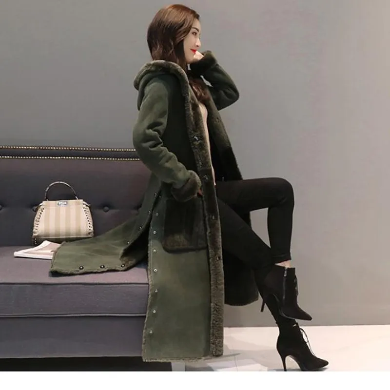 2018 spring winter military jackets woman side split thermal thicken flocking maxi long suede jacket coat with a hood | Женская одежда