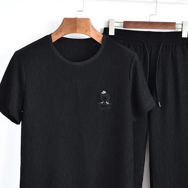 Minglu летний мужской набор(T-SHIRT+ брюки) роскошная морщинистая ткань ручной работы, мужские наборы с бисером, плюс размер 4xl вышитые повседневные мужские наборы - Цвет: BLACK