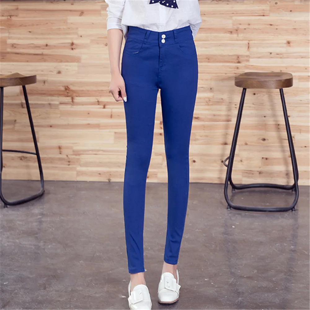 Синий Джинсы с высокой талией женские новые модные хлопковые яркие цвета эластичные женские джинсы Mujer jean femme denim spodnie damskie - Цвет: Синий