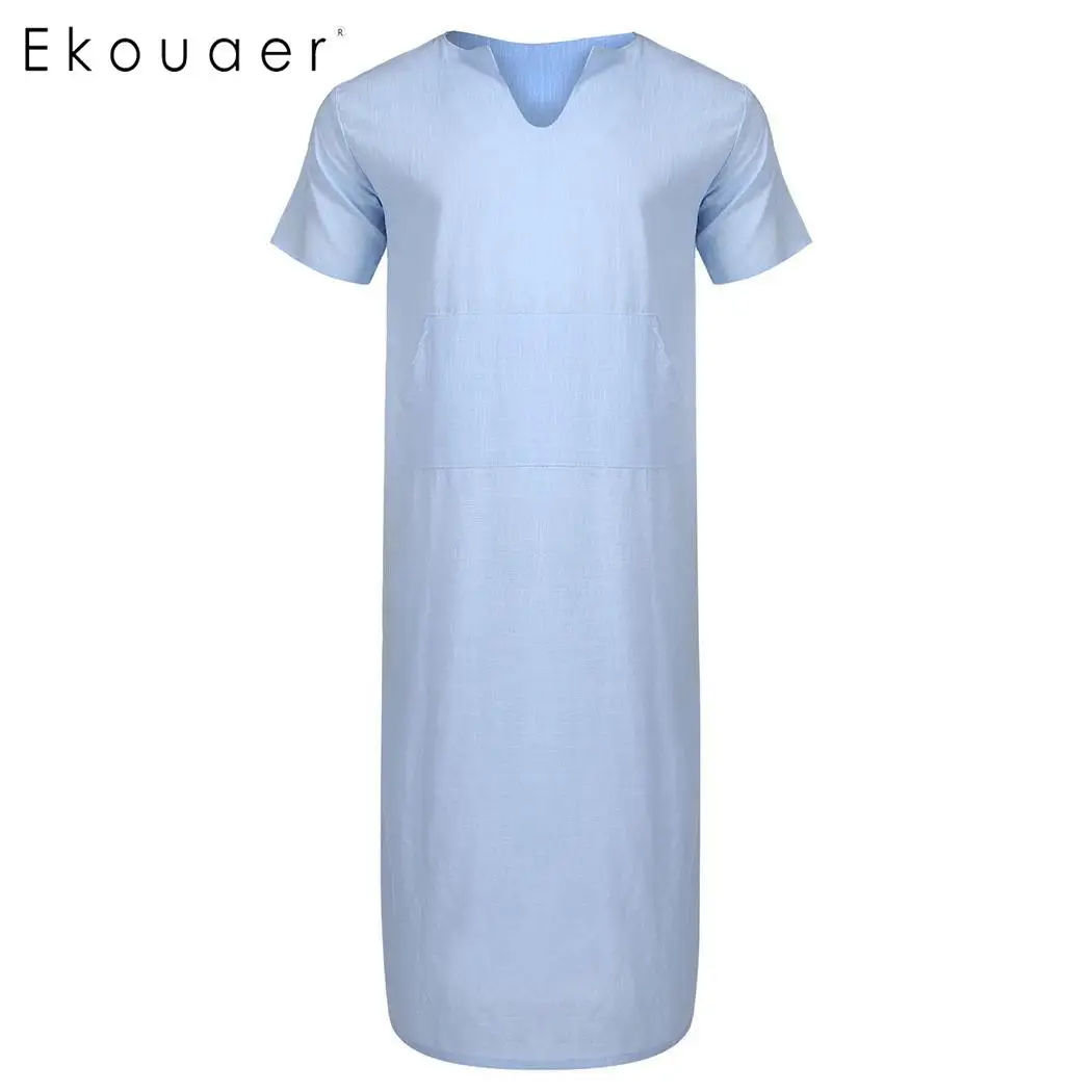 Ekouaer мужские рубашки из хлопка, пижамы с коротким рукавом, одноцветные, с разрезом по бокам, с вырезом, длинная Пижама, ночная рубашка, повседневная домашняя одежда - Цвет: Mint