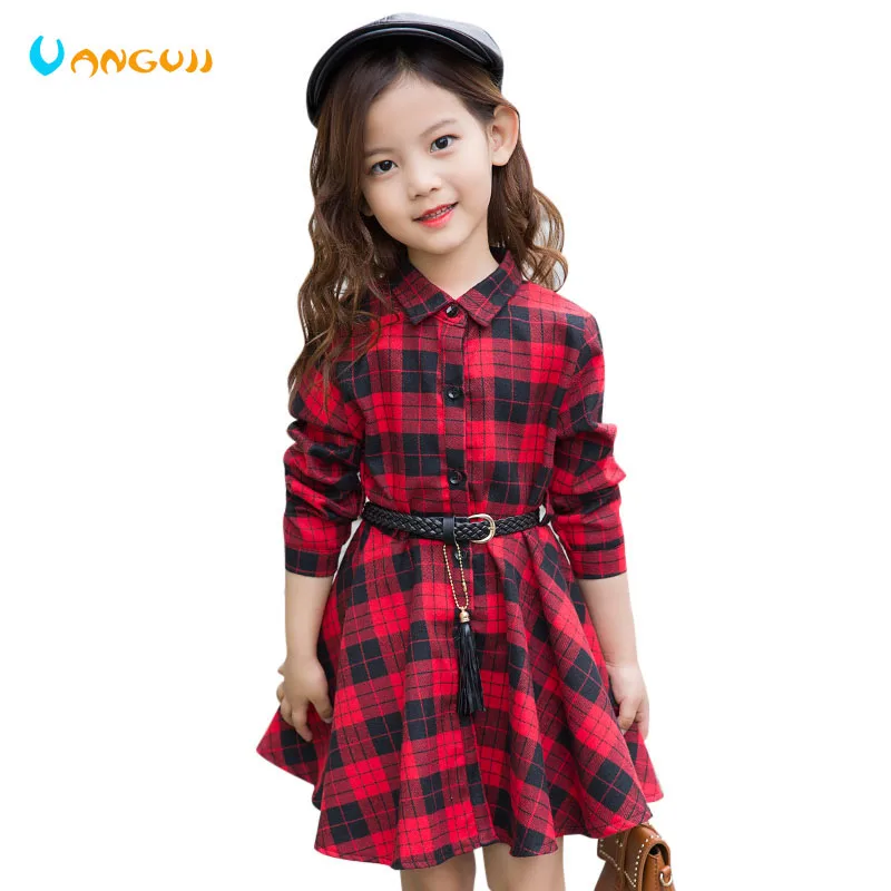

girls blouse Spring and Autumn Cotton Shirts Loose casual plaid fashion Full sleeve outwear Belt shirt dress Red and black