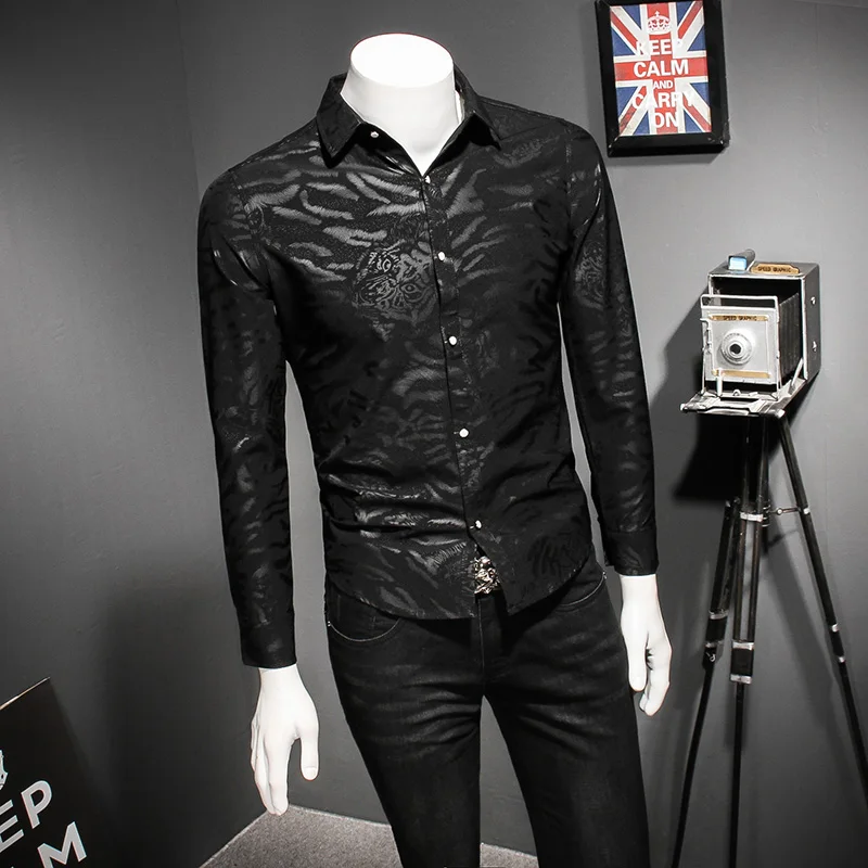 2020 Spring Men Long Sleeve Shirts High Quality Slim Fit Print Social Shirt Plus Size Casual Turn Down Collar Blouse Homme | Мужская