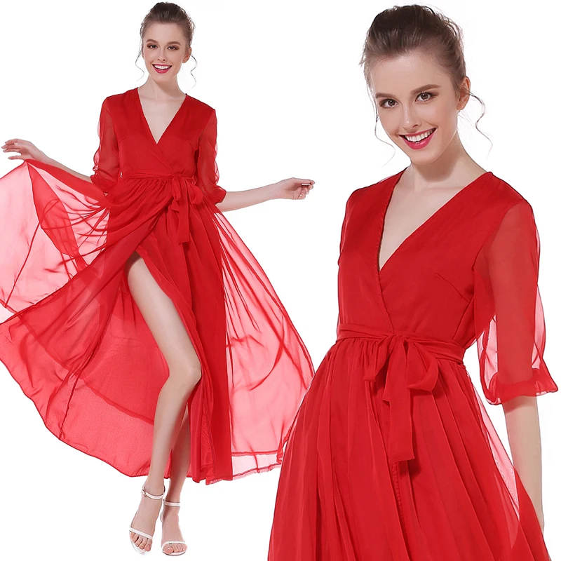 Красное летнее шифоновое платье для женщин 2018 винтажное открытое раздельное