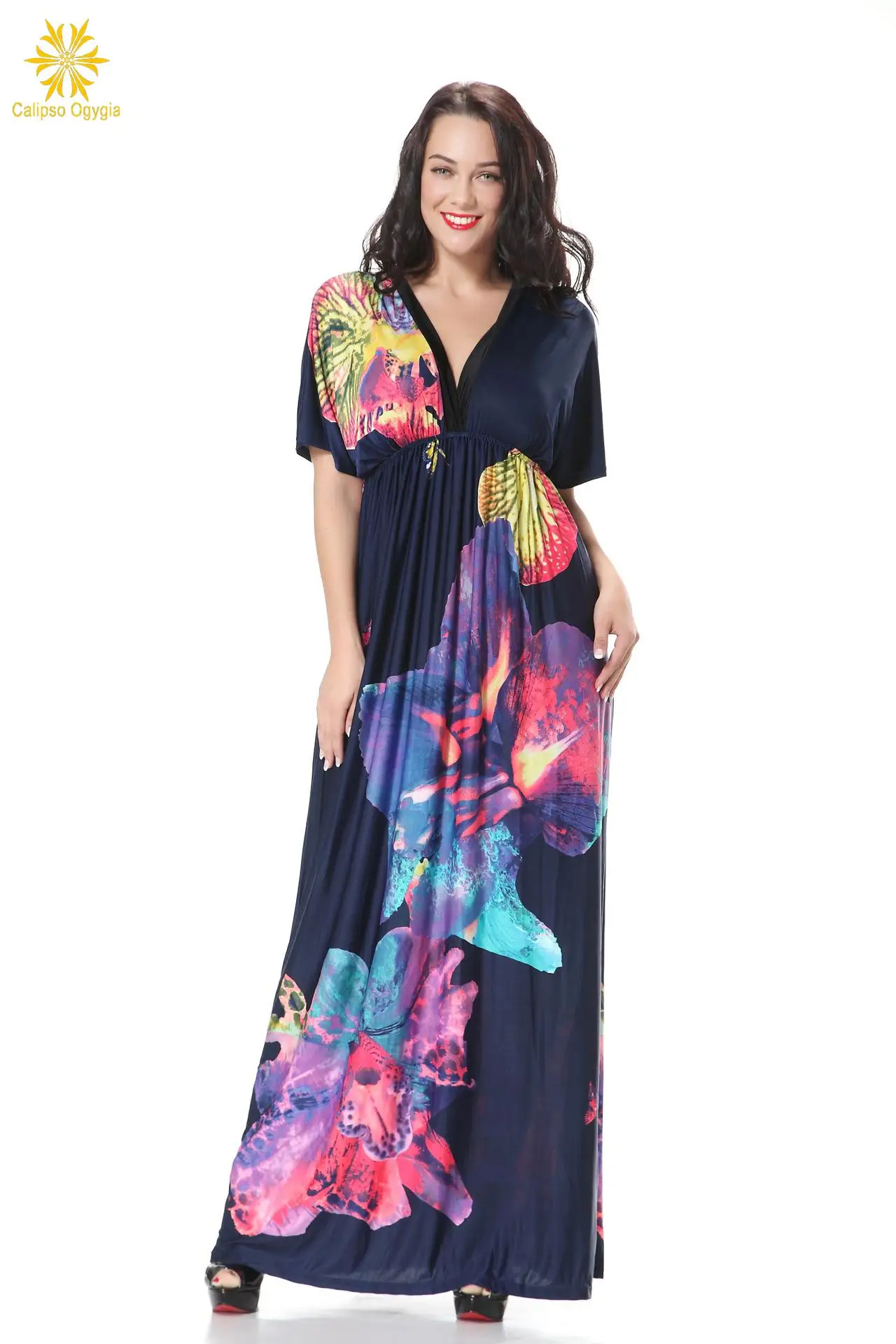 Женщин Floar V Шеи Лето Женский Пляж Голеностопного Длина Платья Длинное Платье 3xl-5XL