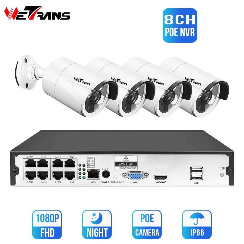 Wetrans CCTV Системы комплект видеонаблюдения 1080 P POE NVR 8CH 2MP Onvif H.265 безопасности Камера