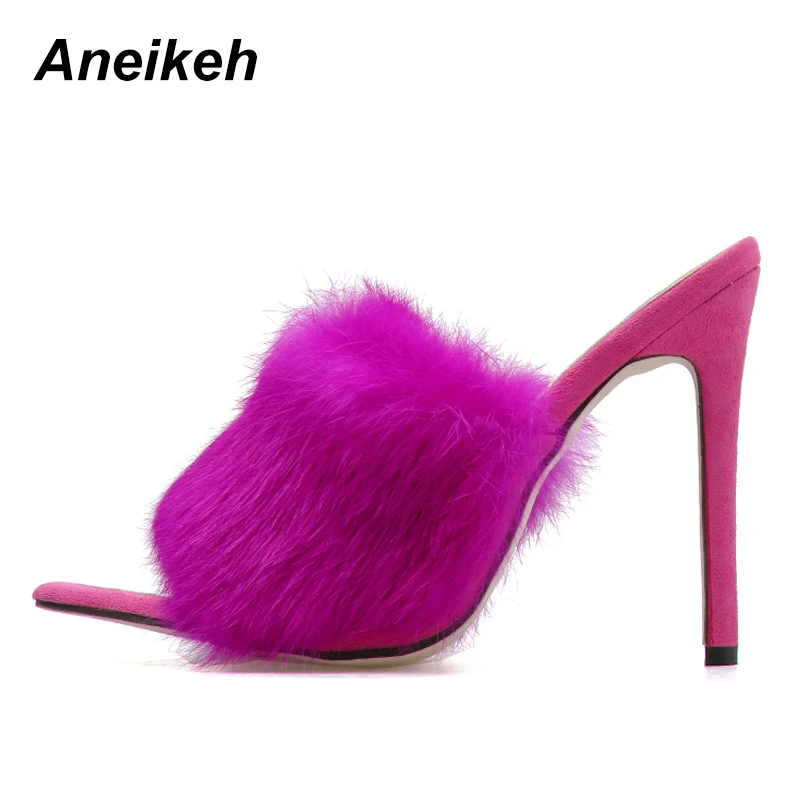 Aneikeh/ г. Новые Модные женские сандалии-гладиаторы из PU искусственной кожи с открытым носком на высоком каблуке, плюшевые женские тапочки на тонком каблуке, обувь, Size35-40