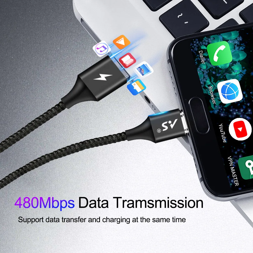 Магнитный кабель A.S с разъемами USB Type C для зарядки телефонов Samsung S9 S8 Note 8 Xiaomi Mi6