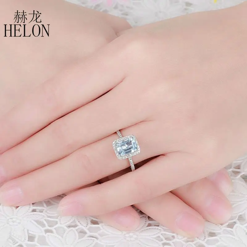 Helon 1.5 ctcushion Cut 8x6 мм Натуральный аквамарин и природных алмазов Твердые 10 К белого золота Обручение Свадебные для женщин Jewelry Кольцо
