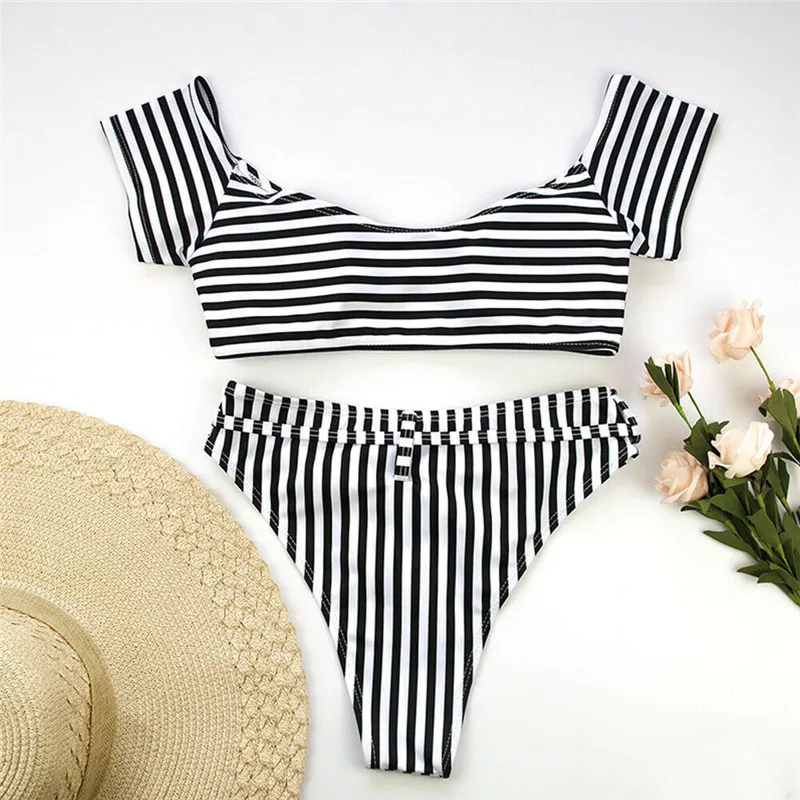 

Women's Swimwear High Waist Bathing Suit Striped Triangle Bikini Sexy Swimsuit Bandage Push-up Beachwear Women's Swimming Suit