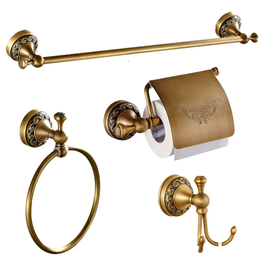 

Antique Solid Brass Brushed European Carved Bath Accessories Set 4 Pieces (towel Ring Hook Paper Holder Towel Rack)