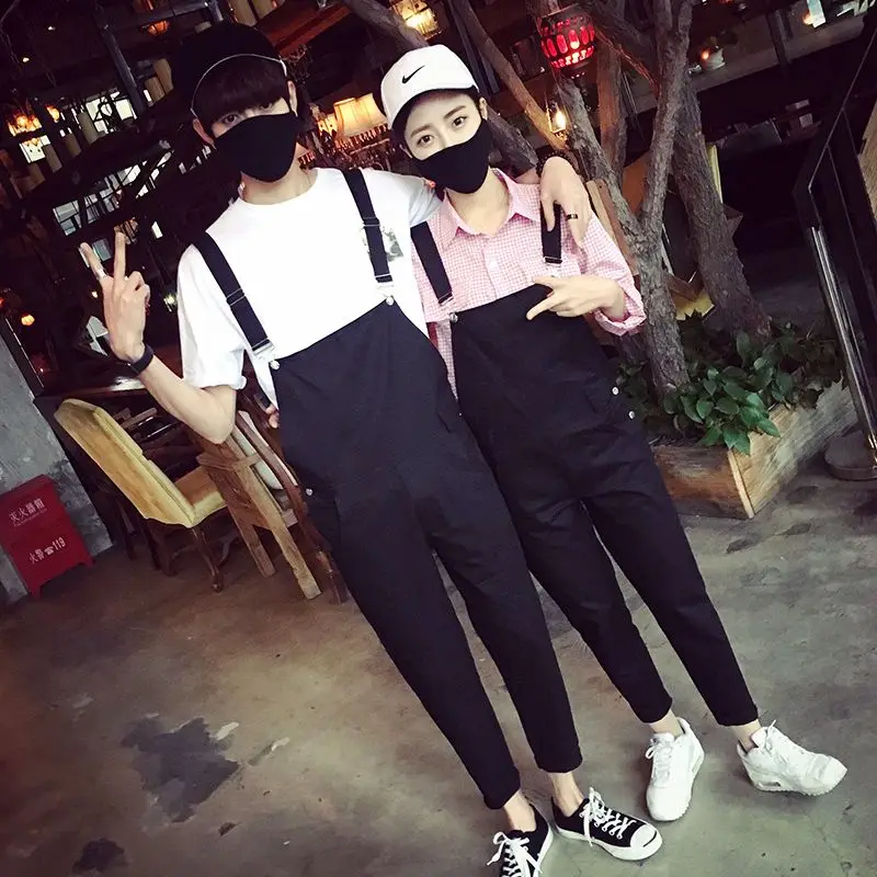 Новое поступление студенческий черный комбинезон шаровары для влюбленных брюки