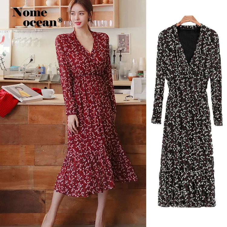 Модные платья миди с цветочным принтом и v образным вырезом высокая талия осень