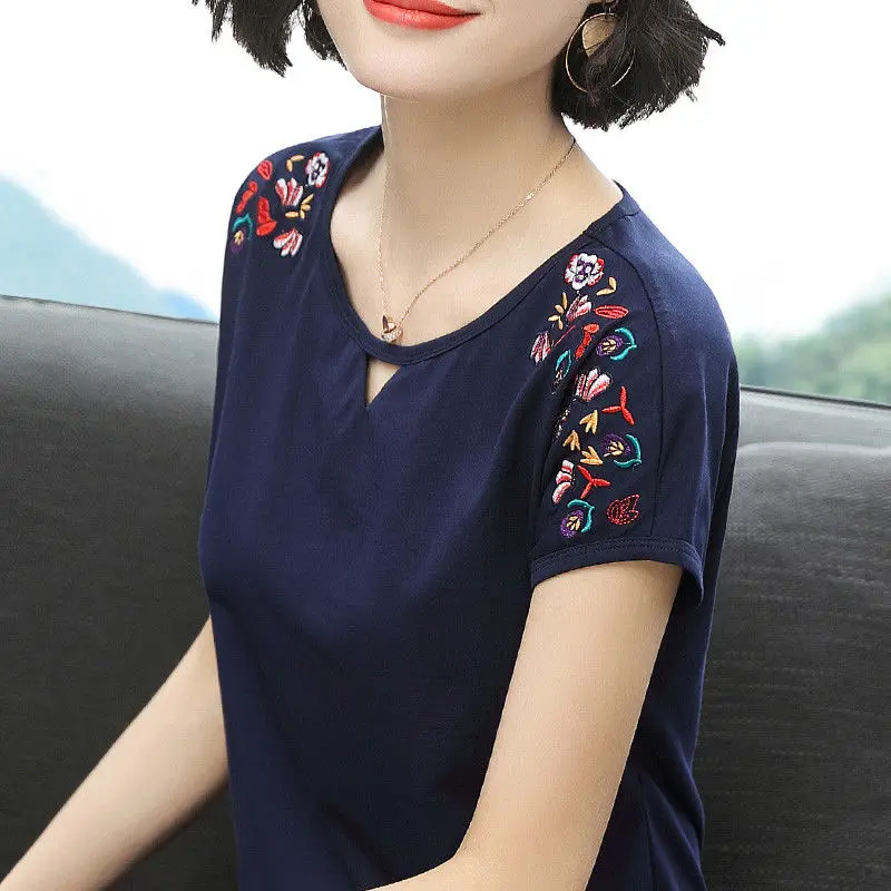 Batwing Sleeve Embroidery Blouse Women Loose Casual Summer Tops 95% Cotton Solid Color White O Neck Ethnic Tees Ladies Clothes | Женская