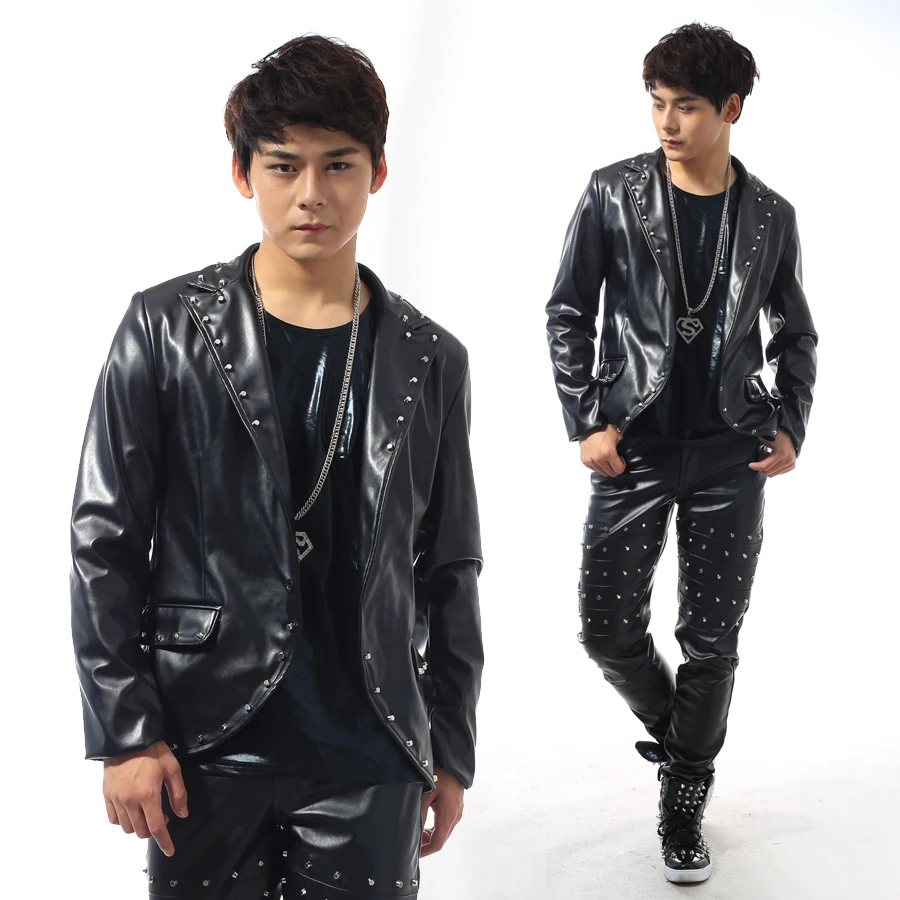 Мужские кожаные костюмы дизайнерские мужские для сцены певцов Мужской Блейзер