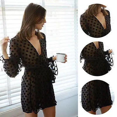 Платье женское кружевное шифоновое с V образным вырезом и длинным рукавом|dress