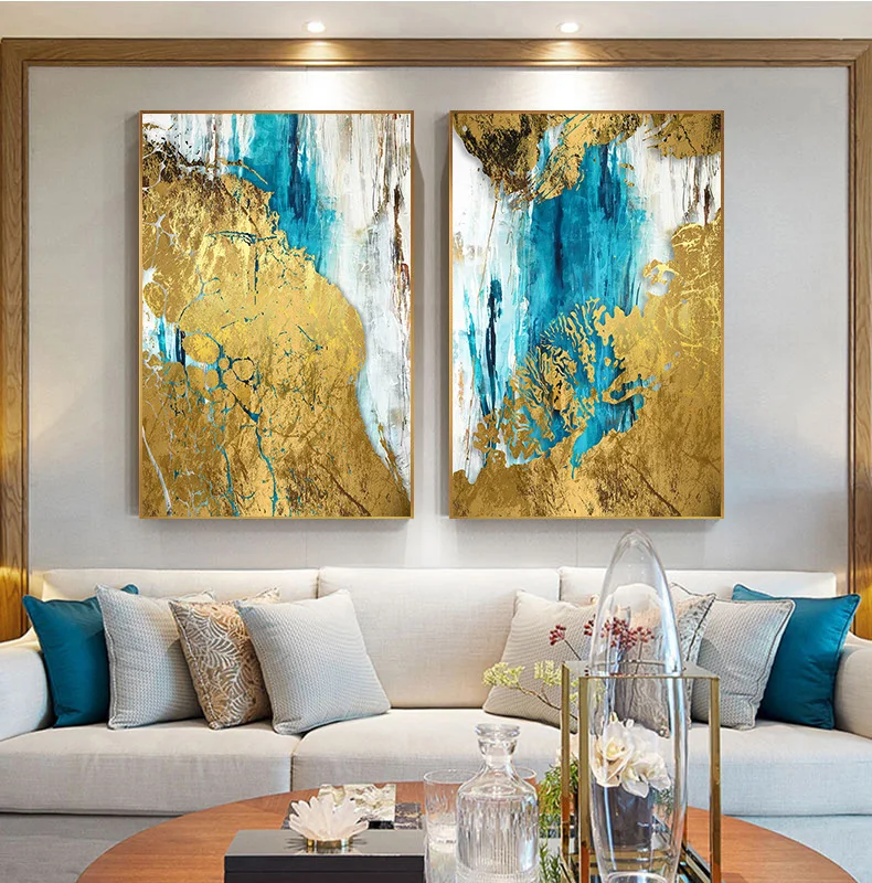 Абстрактная синяя Золотая картина маслом современная ручная росписветильник