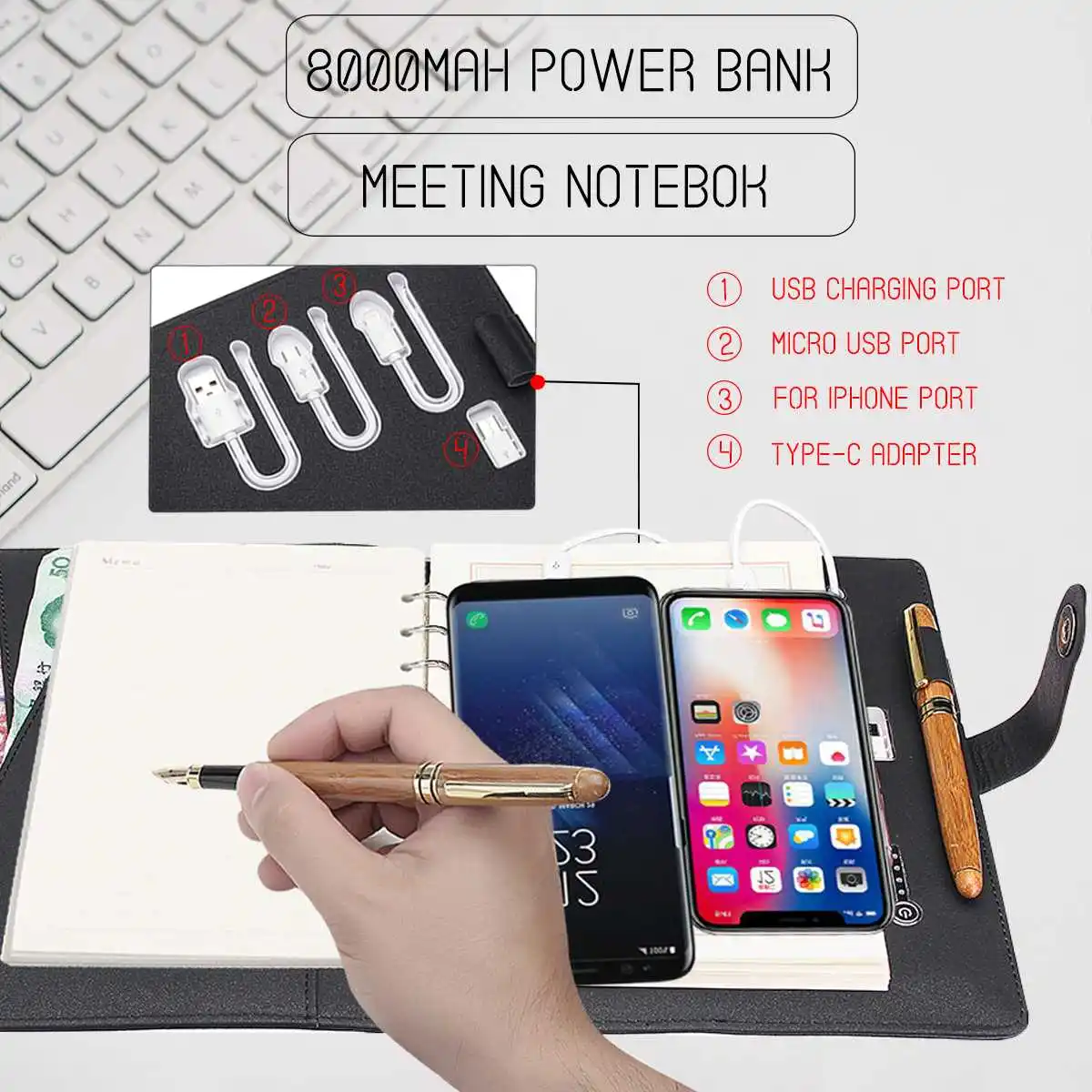 Многофункциональный А5 power Bank ноутбук 8000 mAh power Bank Qi Беспроводная зарядка записная книжка Переплетчик дневник на спирали книга