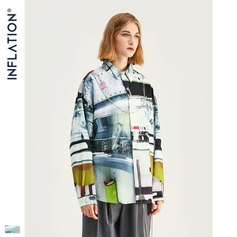Мужская рубашка с цифровой печатью INFLATION свободная длинным рукавом большие