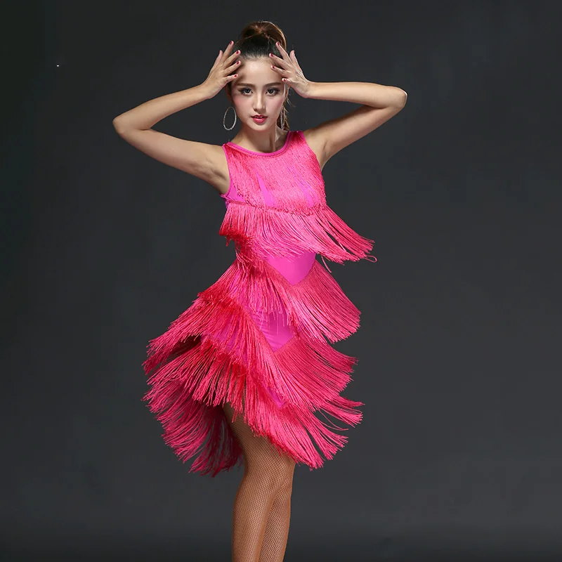 rose red Платье для латинских танцев, женское платье с бахромой, платье для танго, сальса, Румба, современные танцевальные костюмы, платья для латинских соревнований, Одежда для танцев dqs1984 - Цвет: rose red