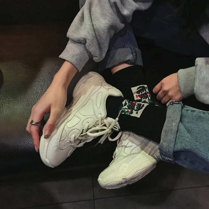 Женские кроссовки в стиле Харадзюку простые однотонные из кокоса весна 2019|Обувь