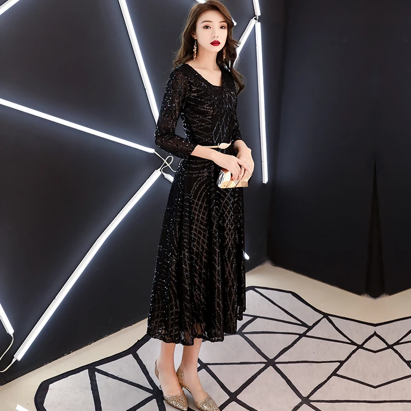 weiyin 2020 New Black V Neck Evening Dresses Long Sleeves Sequined Tea-length Party Gown Formal WY1238 | Свадьбы и торжества