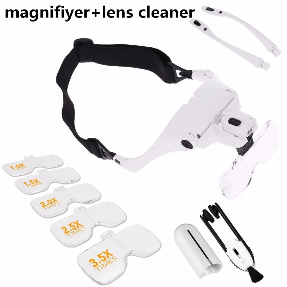 with lens cleaner Головная Лупа с креплением на голову с 2 светодиодный светильник свободные руки увеличительное стекло лупа козырек для ремонта электроники часы ювелирные изделия - Цвет: with lens cleaner