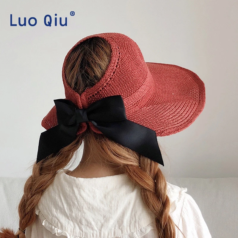 

Fashion Bow Sun Hats Women Ponytail Sun Cap Ribbon Knitted Raffia Hat For Women UV Protction gorras Female Beach Hat