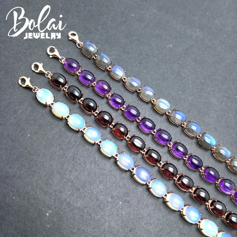 Bolaijewelry природный аметист гранат опал лабрадорит драгоценный камень браслет 925