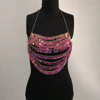 New Halter Rock Metal Camisetas Ladies Cropped Top Show Dance Wear Gold Sequined Tops Female Summer Club Tank Hollow Women |