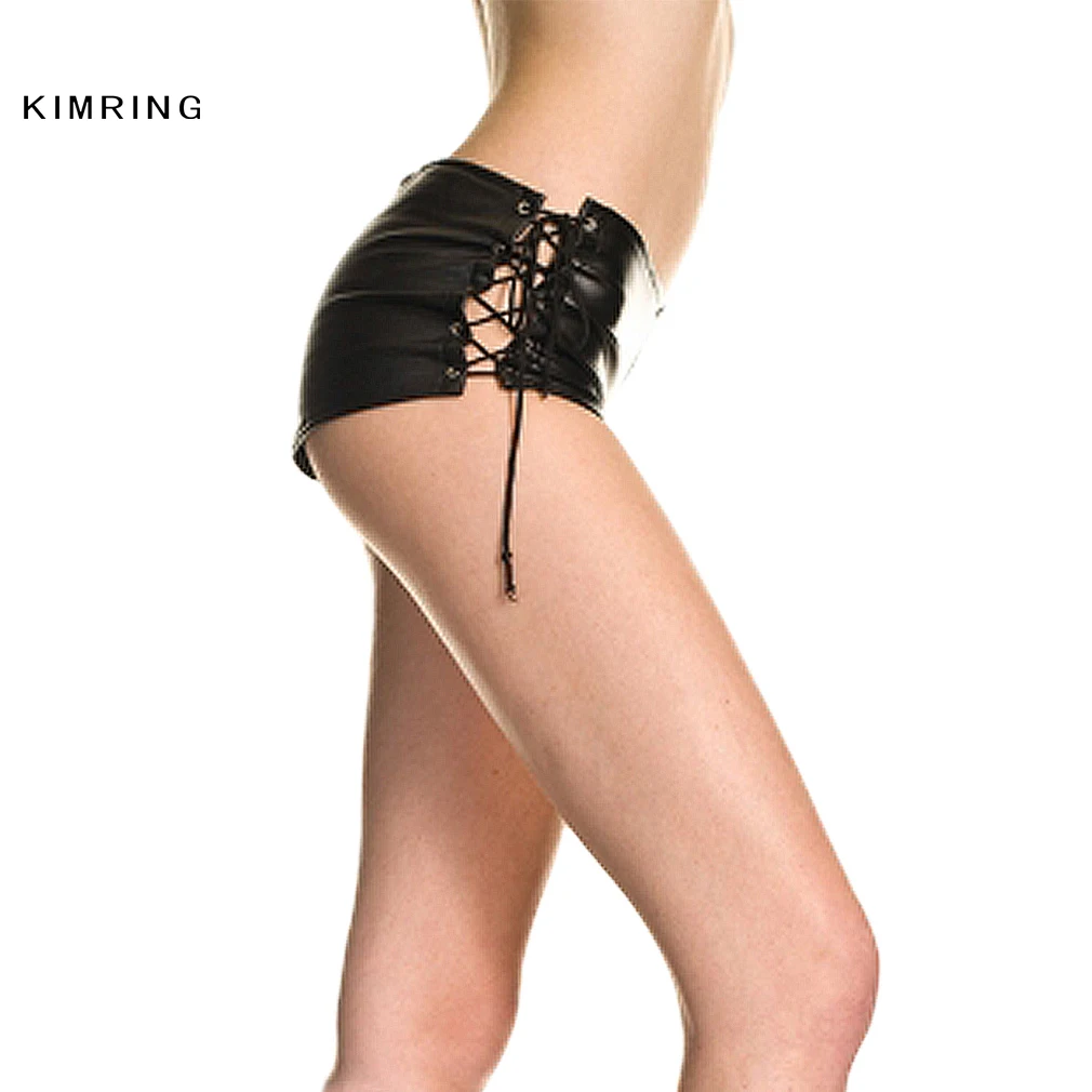 Kimring женские шорты со шнуровкой модные черные из искусственной кожи летние