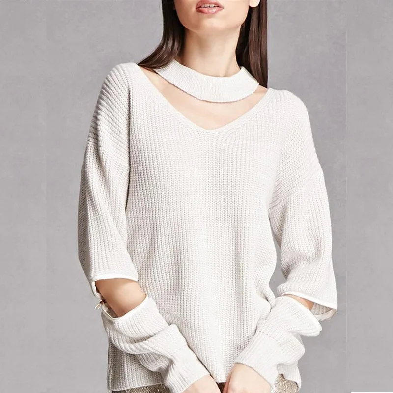 Loose Solid Women Sweaters and Pullovers V Neck Halter Coat Long Sleeve Jumper | Женская одежда