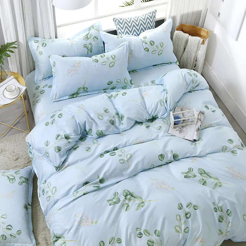 4pcs/set Brief Style Comfortable Green Leaves Printing Family Bedding Set Bed Linings Duvet Cover Sheet Pillowcases | Дом и сад