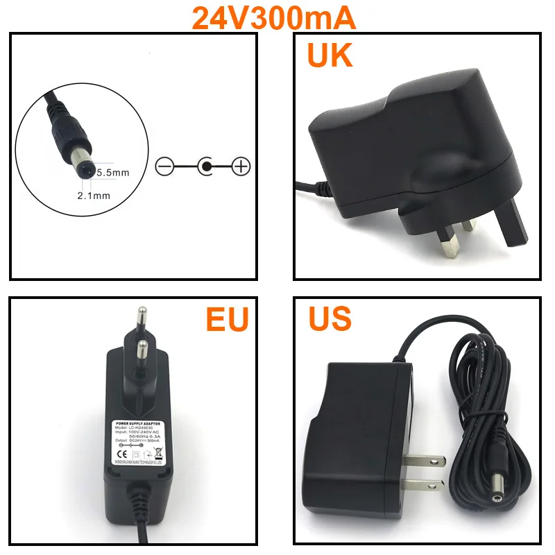 

VORED 1PCS DC 24V 300mA Switch Power Supply Adapter Universal Charger US/EU/UK Plug with 1.5m Cable DC 5.5*2.1mm Free shipping