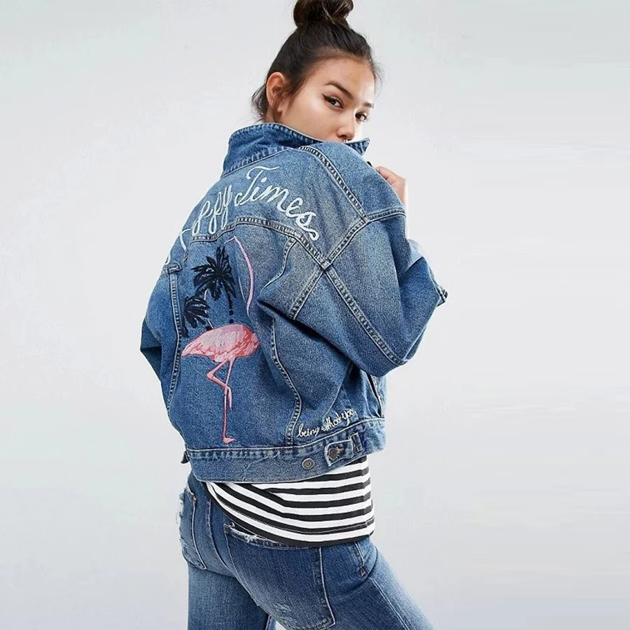 Синяя хлопковая джинсовая куртка осень 2017 шикарный розовый журавль цветочный