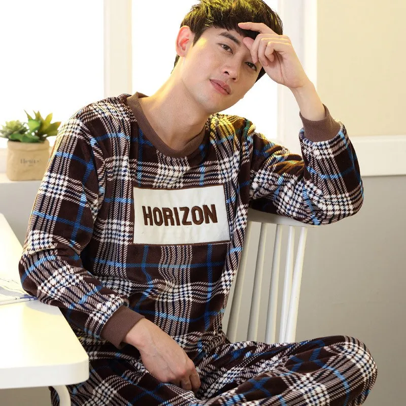 JINUO новый дизайн 3 вида стилей зима Для мужчин пижамы с круглым вырезом Flannel Pajama Set