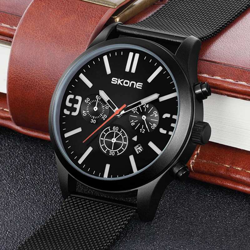 SKONE Марка Для мужчин часы простое платье кварцевые Мужчин стальной сетки ремешок
