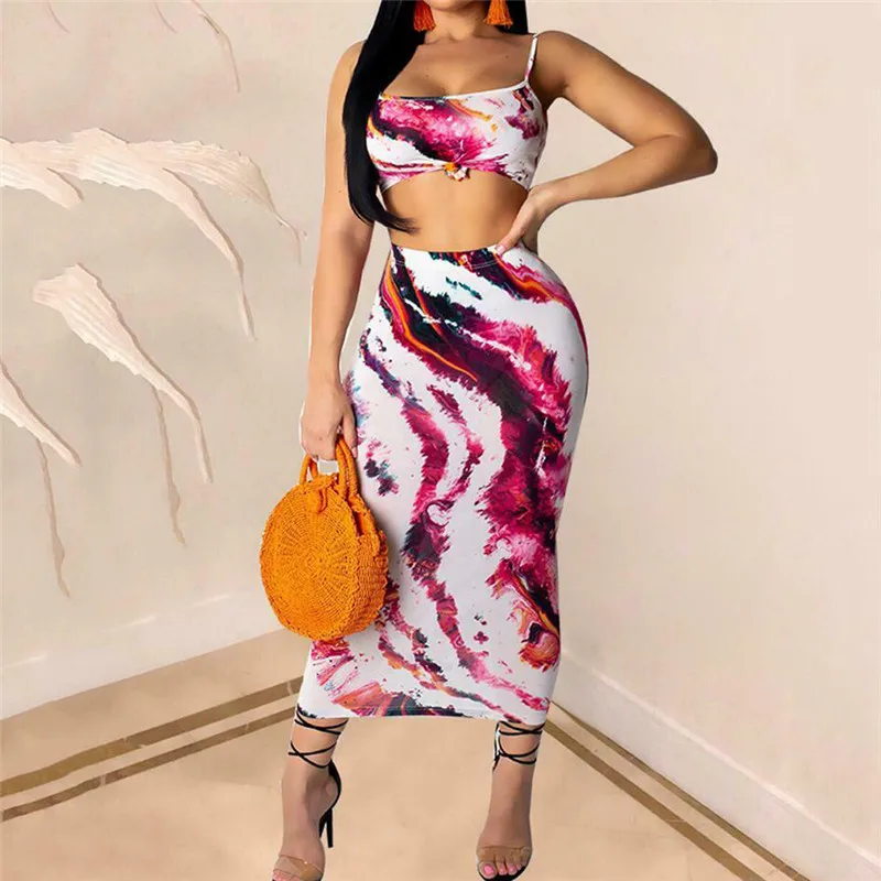 

Summer Fashion Women Tie Dye Clothing Sets 2019 New Brand Tanks Crop Tops High Waist Long Skirts 2pcs Female Outfits Streetwear