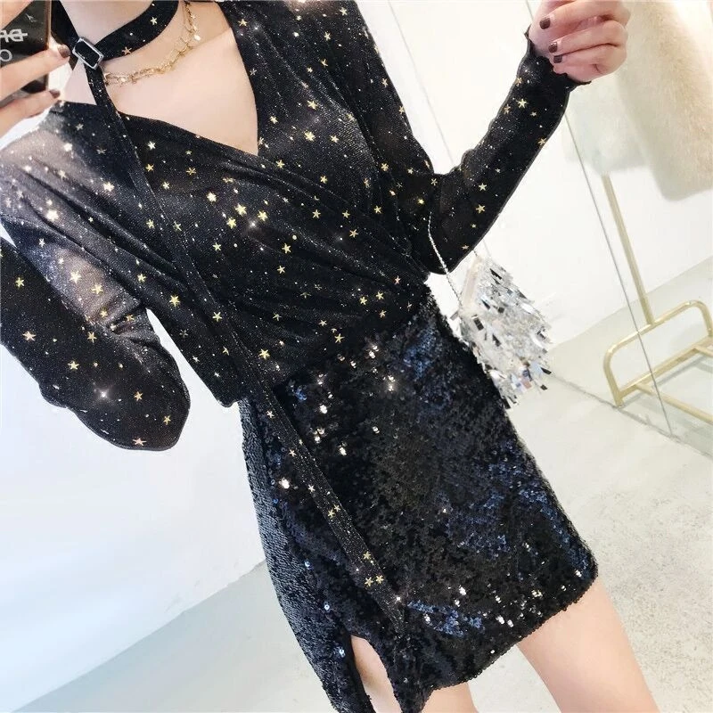 Sexy Top Black Slim Wrap T-shirts Women Sparkling stars Surplice Summer Tops 2018 Spring Long Sleeve Casual T-shirt Clothes | Женская