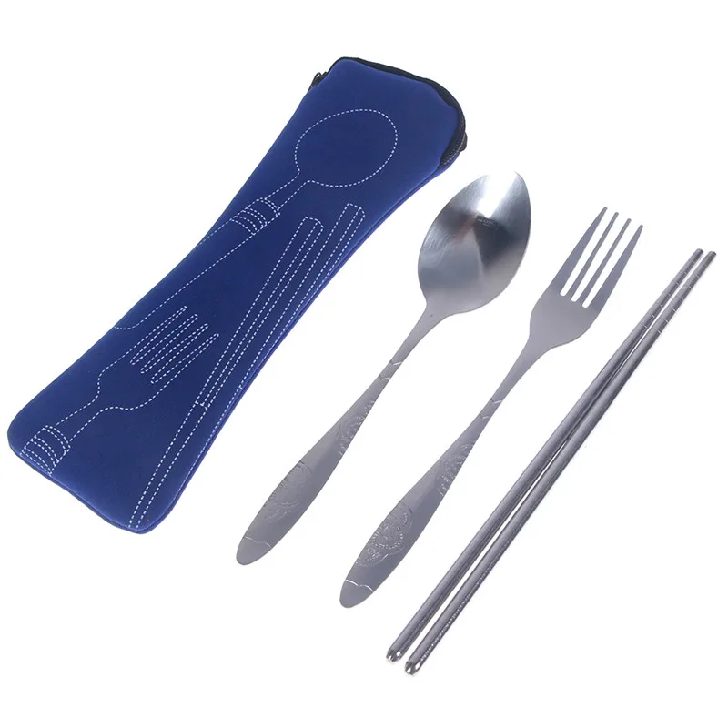 3PCS blue Столовая посуда из нержавеющей стали наборы походная посуда набор столовых приборов с тканевой сумкой столовые приборы - Цвет: 3PCS blue