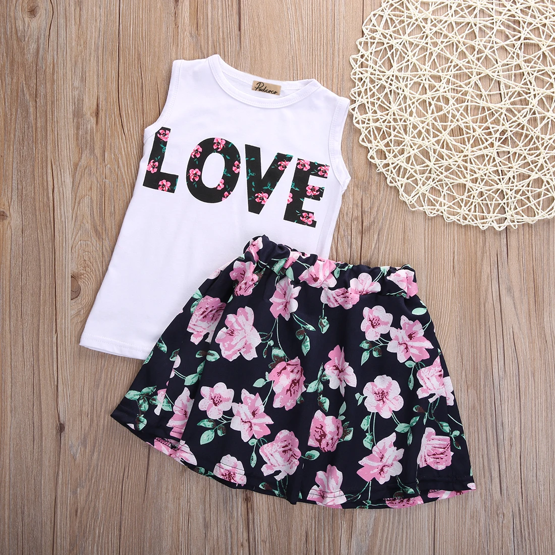 2017 Детская летняя одежда с короткими рукавами и цветочным принтом для маленьких