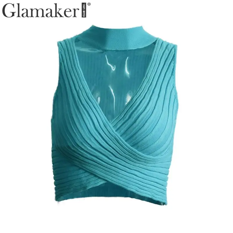 Peacock Blue Glamaker, Холтер, глубокий v-образный вырез, вязаный, Сексуальный Топ для женщин, майка, женский, для клуба, уличная одежда, майка, топ, короткий,, облегающий, черный, майки и майки - Цвет: Peacock Blue