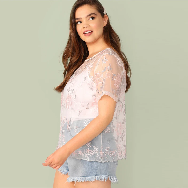 SHEIN, розовый топ с вышивкой размера плюс, Сетчатая футболка, Женская Летняя Сексуальная Повседневная футболка на пуговицах с круглым вырезом и коротким рукавом, плюс футболка