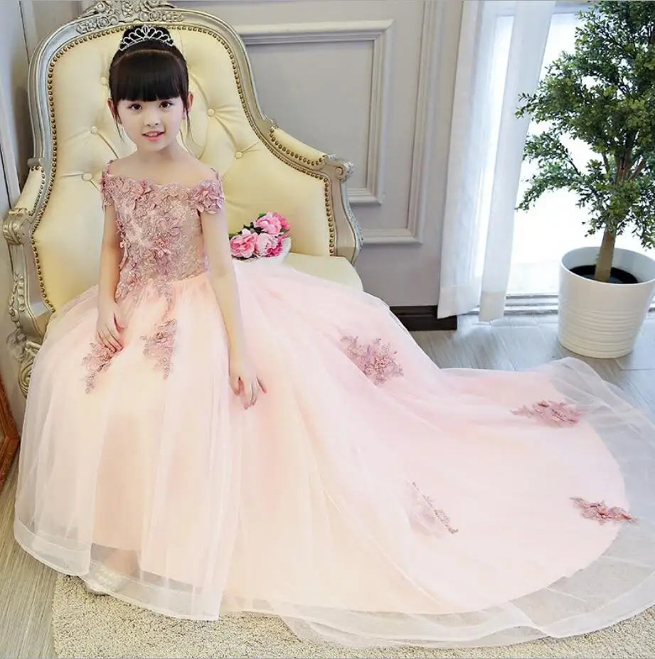 

Girl Dress Off Shoulder Appliques Pink Flower Girl Party Pageant Gown Princess Wedding Ball Gown Kids First Communion Dresses