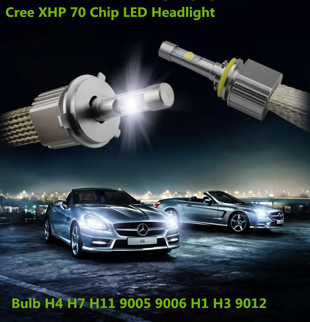 

Pair Powerful P70 H4 H7 H11 H1 9005 9006 9012 H8 H9 13200lm 110W C'ree XHP70 chips Car LED Headlight Bulbs Kit with 6000k 8000K